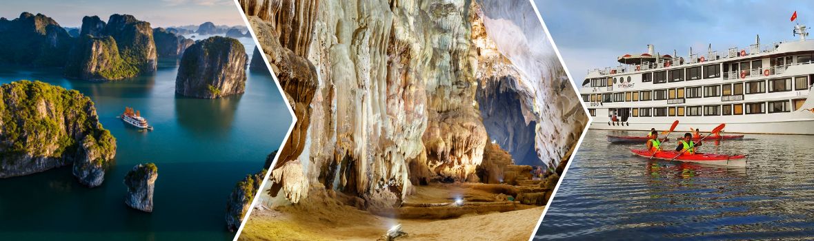 Da sinistra a destra sono Baia di Halong, Grotta di Sung Sot, Kayak sulla baia