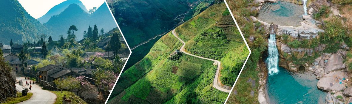Da sinistra a destra sono Antica città di Dong Van, Passo Ma Pi Leng, cascata Du Gia