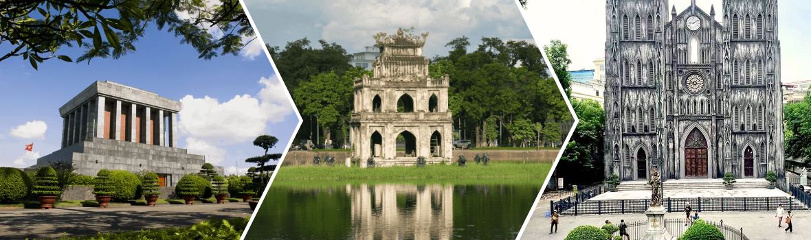 Da sinistra a destra sono Mausoleo di Ho Chi Minh, Lago Hoan Kiem, Cattedrale di San Giuseppe