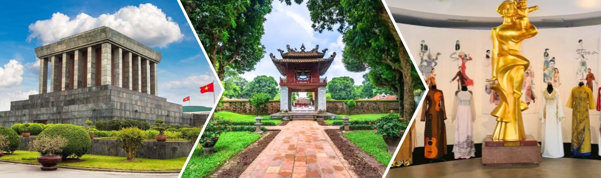 Da sinistra a destra sono Mausoleo di Zio Ho, Tempio della Letteratura Quoc Tu Giam, Museo delle donne vietnamite