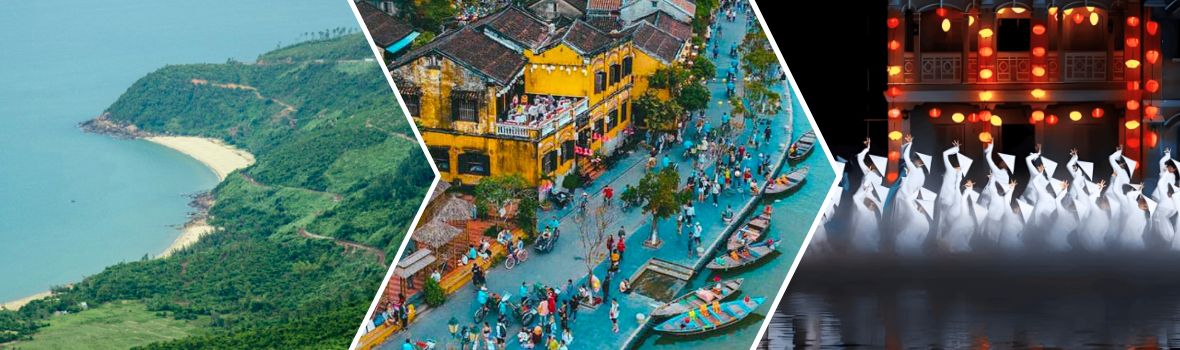 Da sinistra a destra sono Passo delle Nuvole sulla baia di Lang Co, Antica città di Hoi An, Spettacolo dei ricordi di Hoi An