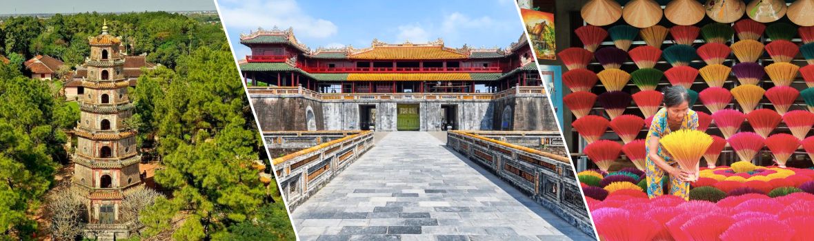 Da sinistra a destra sono Pagoda Thien Mu, Città Imperiale di Hue, Villaggio dell'incenso Thuy Xuan