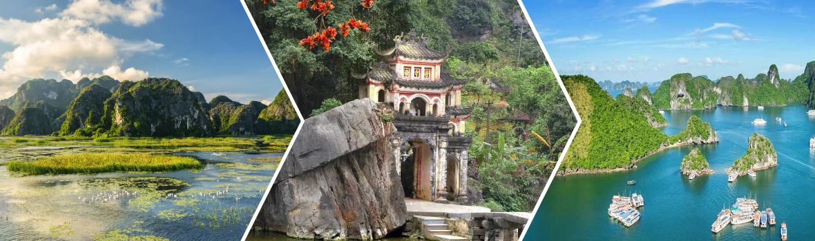 Da sinistra a destra sono Laguna di Van Long, Pagoda Bich Dong, Baia di Halong