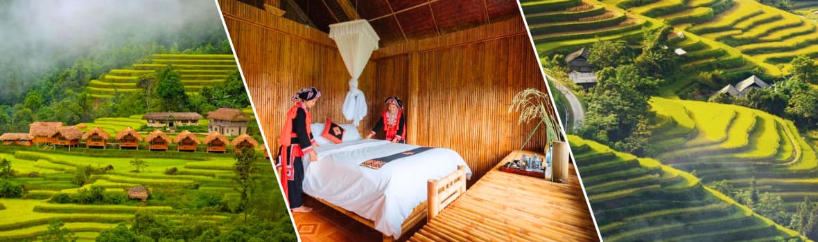 Da sinistra a destra sono Hoang Su Phi Lodge e campi terrazzati ad Hoang Su Phi