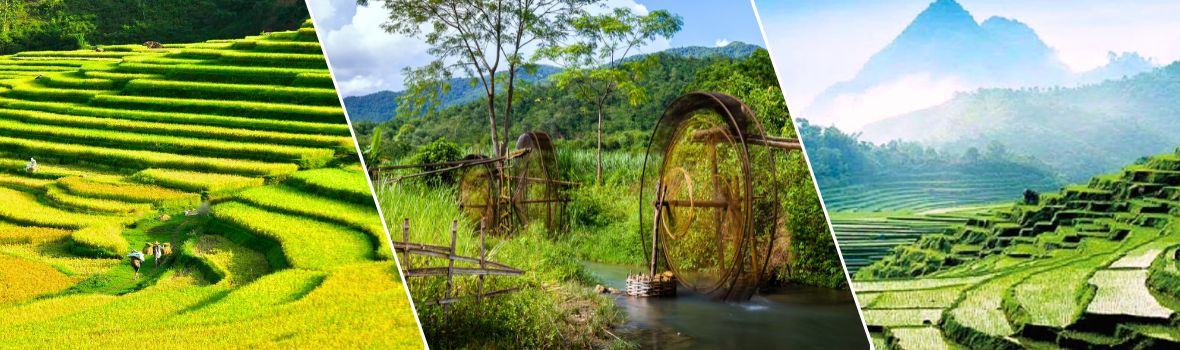 Da sinistra a destra sono Pu Luong nella stagione del riso maturo - Mulino ad acqua a Pu Luong - Pu Luong nella stagione dell'acqua
